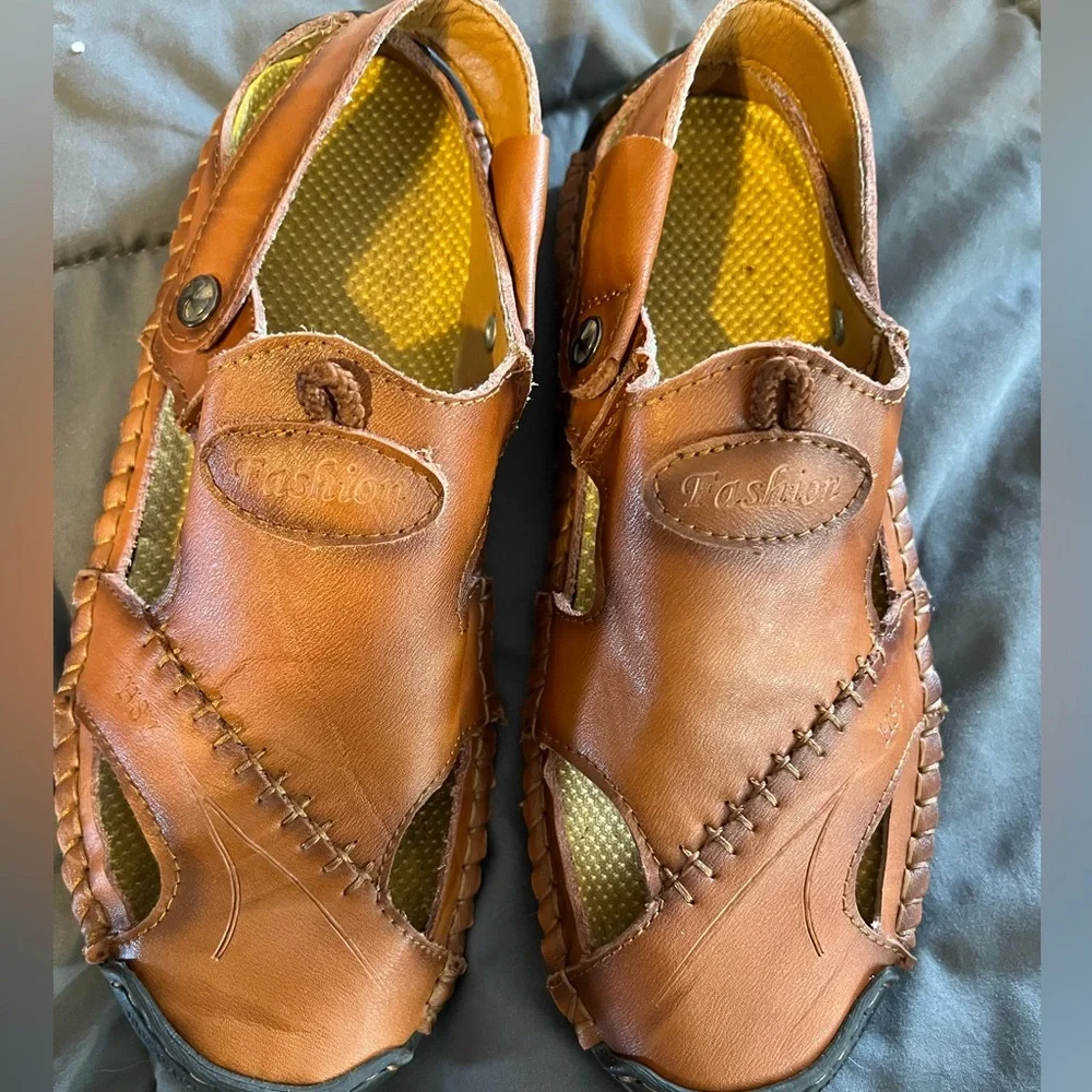 HSY Fashion Men's 100% Caoutchouc Leather Closed Toe Sandal‎ Brown Size 40 US 7